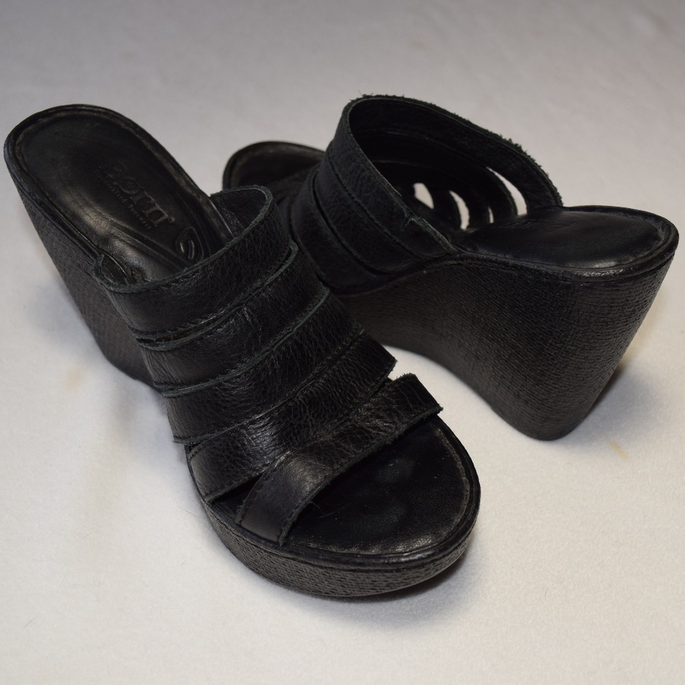 BORN Black Leather Wedge Heels - Size 8